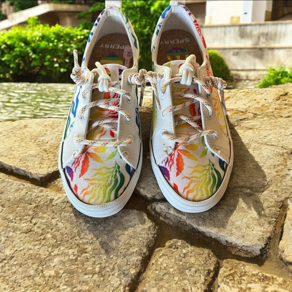Sperry Women's Crest Vibe Pride White/Rainbow Boat Sneakers- Size 5.5